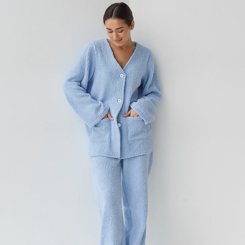 Blue Woolen Comfortable Warm Long Sleeves Pajamas Two Piece Set Exclusive for Ladies Homewear