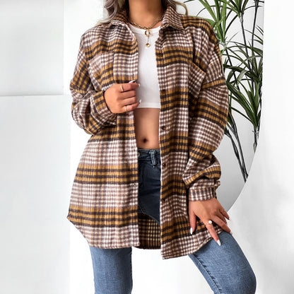 Women  Clothing Plaid Shirt Collared Bat Sleeve Coat Dress