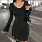 Simple U Collar Dress Autumn Winter High Waist Slim Fit Figure Flattering Hip Dress Women