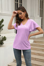 Women Clothing Women Tops Hollow Out Cutout out V neck Pleated Ruffle Sleeve Casual T shirt