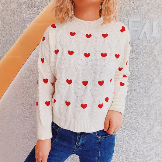 Autumn Winter Love Embroidered Crew Neck Knitted Pullover Cute Simple Office Sweater Top Women