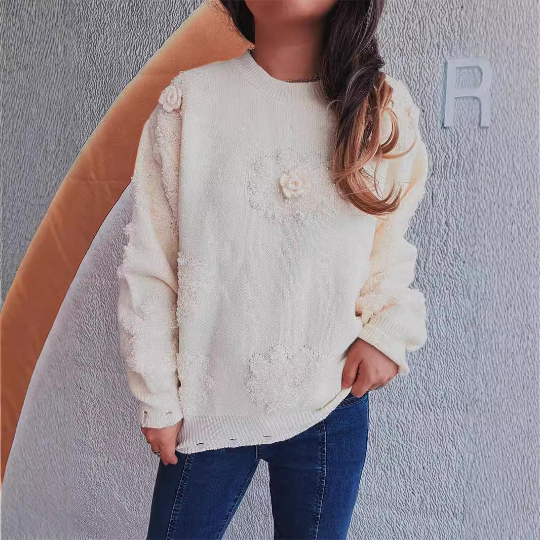 Towel Embroidery Jacquard Floral Heavy Industry Manual Pearl Solid Color round Neck Knitted Pullover Sweater