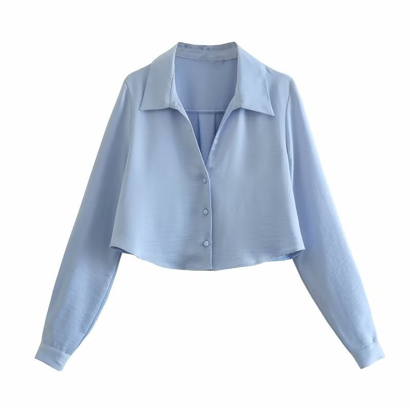 Spring Women  Solid Color Silk Satin Textured Shirt