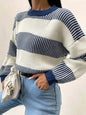 Women Pullover Blouse Autumn Winter Casual Loose Classic Contrast Color Striped Color Matching Sweater for Women