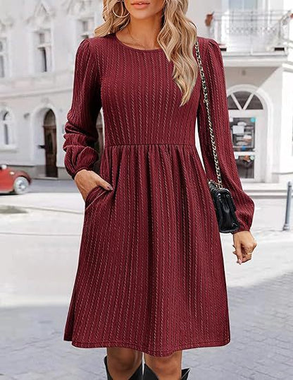 Women Clothing Round Neck Pocket Knitted Sweater Long Sleeve A Line Dress