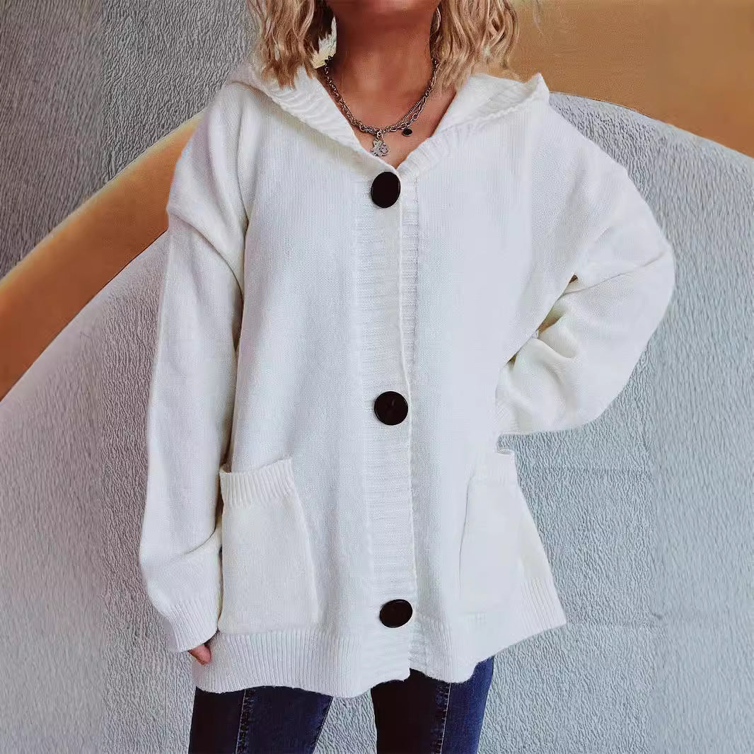 Autumn Winter V neck Knitted Cardigan Retro Pocket Hooded Sweater Women Clothing Loose Top Coat