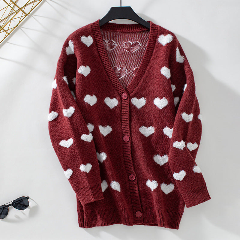 Towel Embroidery Love Knitted Cardigan Mid-Length Autumn Winter Button Sweet Sweater for Women