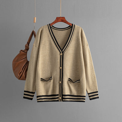 Autumn Winter Contrast Color Sweater Cardigan Coat Loose V Neck Mid Length Knitwear Top Women Clothing