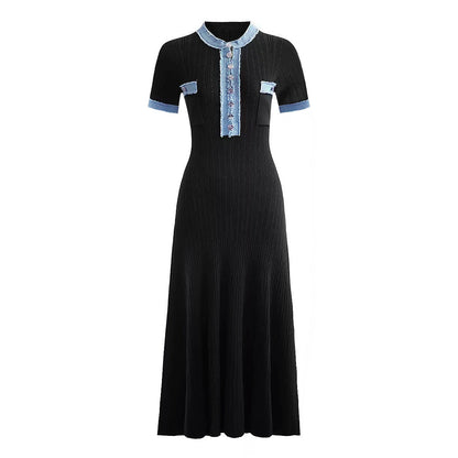 Summer Short Sleeve Stitching Denim Simple Elegant Slim Slimming Long Knitted Dress Women