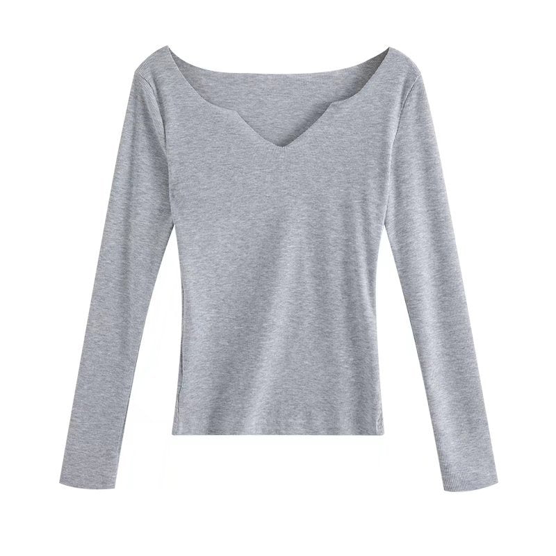 Chest Open Long Sleeve T-shirt Autumn Elegant Slim V-neck Pullover Solid Color Underwear Top Women