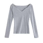 Chest Open Long Sleeve T-shirt Autumn Elegant Slim V-neck Pullover Solid Color Underwear Top Women