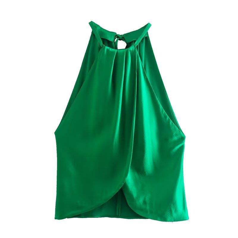 Early Autumn Women Clothing Silk Satin Texture Hanging Collar Short Top Straight Leg Trousers Suit