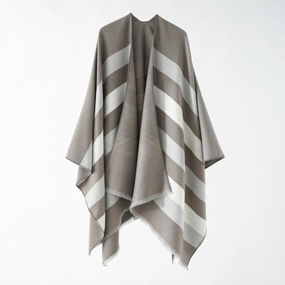 Wide Striped Autumn Winter Cashmere like Women Multi Functional Summer Air Conditioned Room Split Gold Silk Cape Shawl