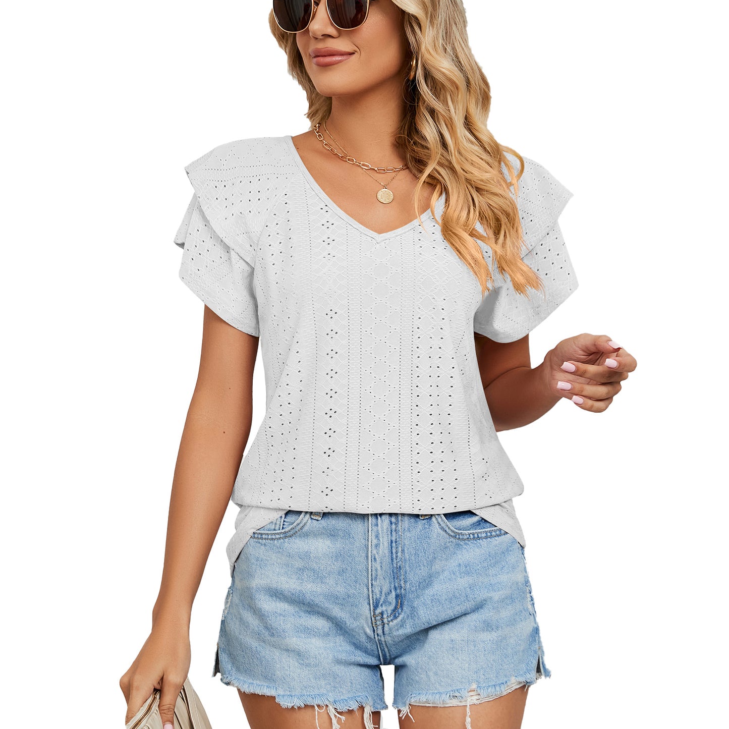 Spring Summer Solid Color Double Layer Sleeve V neck Loose Short Sleeve T shirt Top Women