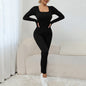 Square Collar Button Long Sleeve Yoga Jumpsuit Women Sports Fitness Training Dance Peach Hip