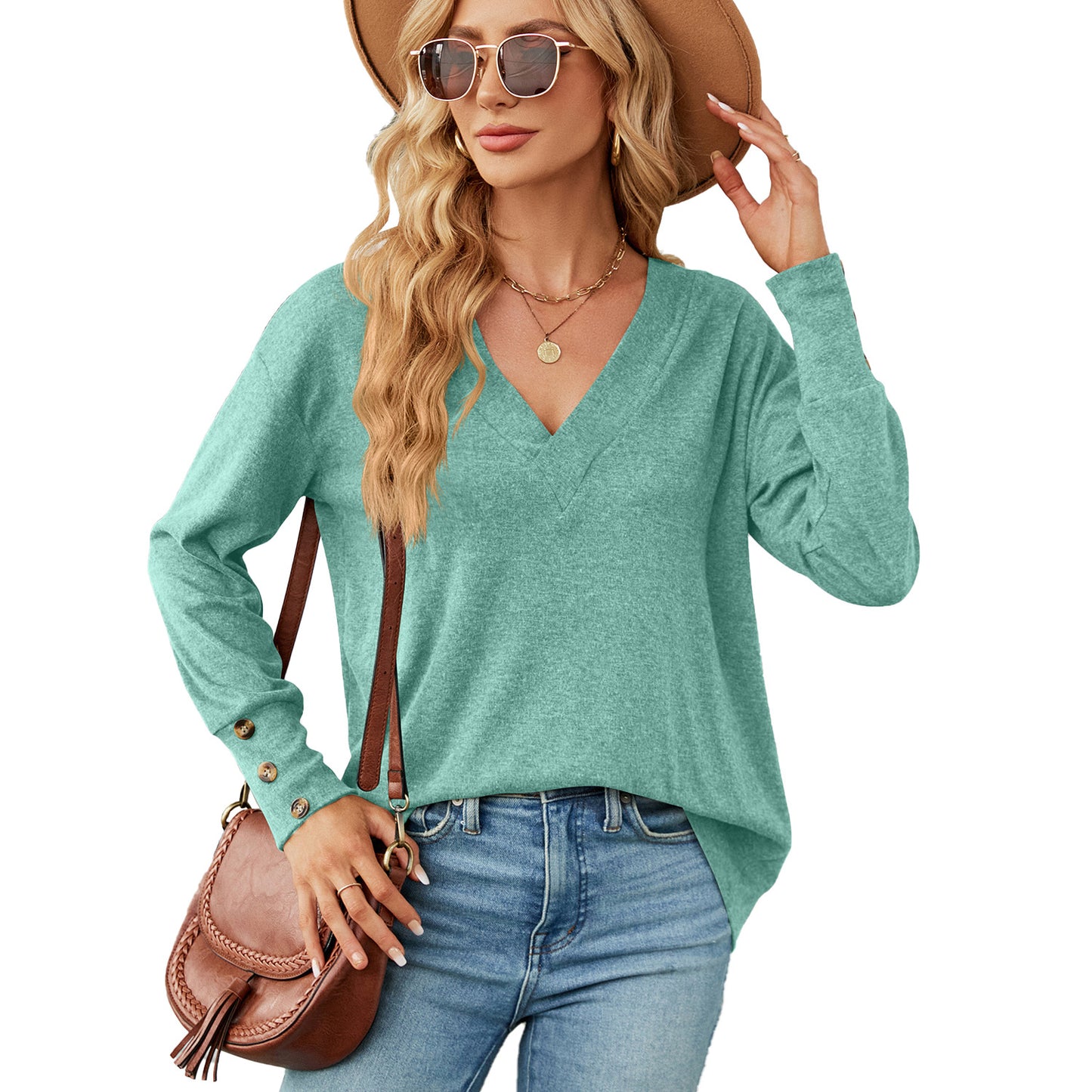 Autumn Winter Solid Color V neck Loose Long Sleeve Button T shirt Top Women Clothing