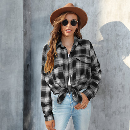 Women Long Sleeved Plaid Button Shirt Full Color Uniform Size Jacket