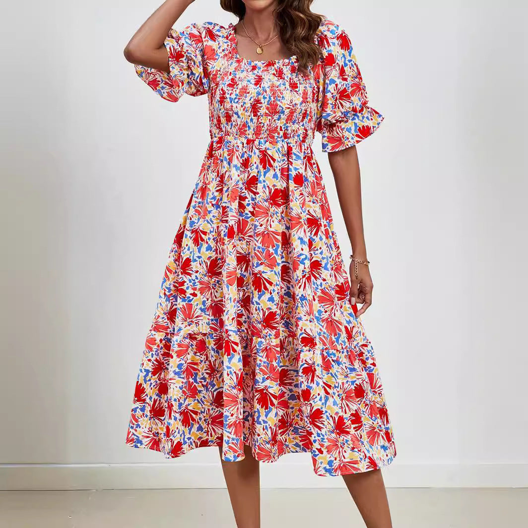 Pleated Square Collar Puff Sleeve Smocking Printed Dress Large Swing Dress