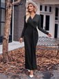 Autumn Winter Women Clothing Casual V neck Solid Color Twist Waist Controlled Long Sleeves Dress