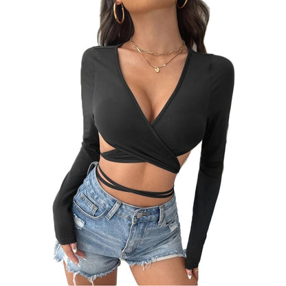 Summer Women Clothing Sexy V neck Lace up Crop Top Tight Fitting Long Sleeved Top for Women