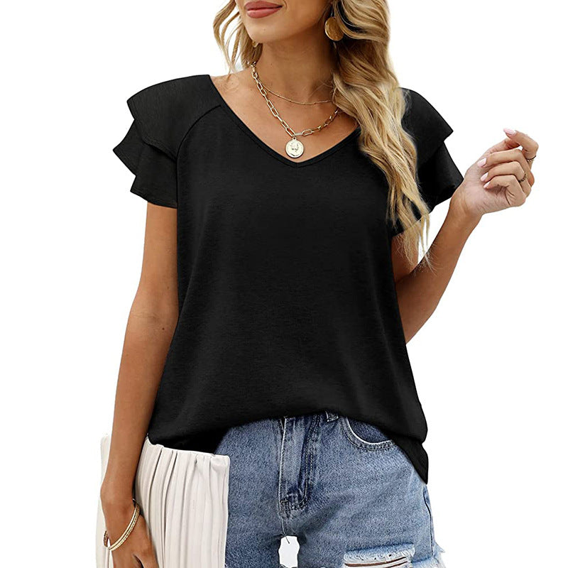 Women Summer Solid Color V-neck Double Layer Ruffle Sleeve Loose Top T-shirt