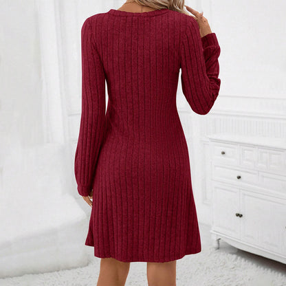 Autumn Winter Wine Red Dress High Waist Slim Midi Dress for Women