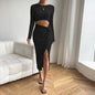 Women Clothing Sexy Hollow Out Cutout Dress Fall Winter Slim Slimming Slit Midi Dress