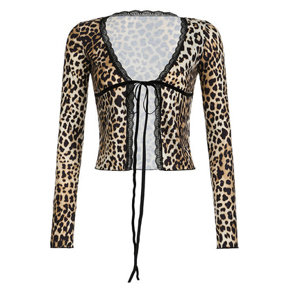 Leopard Print V Neck Lace Stitching Tied Small Cardigan T shirt Elastic Slim Fit Slimming Sexy Short Top