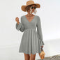 Knitted V neck Flounce Long Sleeve Dress