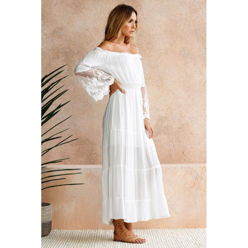 Sexy Off Shoulder Lace Patchwork Flared Sleeves Dress Maxi Dress