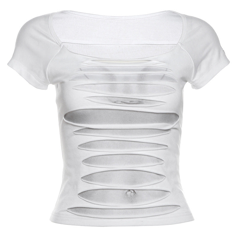 Summer Women Clothes Sexy Sexy To Print Striped Square Collar Slimming Top Short All Match T Shirt