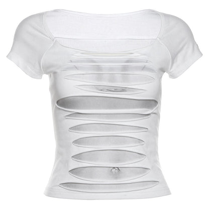 Summer Women Clothes Sexy Sexy To Print Striped Square Collar Slimming Top Short All Match T Shirt