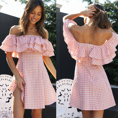 Women Clothing New Plaid off-Shoulder Ruffled Collar Show Fashion Dress