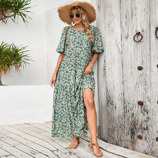 Loose Round Neck Shirt With Half Sleeve Dress Retro Casual Vacation Floral Long