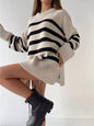 Women Knitwear Autumn Winter Casual Striped Loose Crew Neck Pullover Sweater Coat for Women