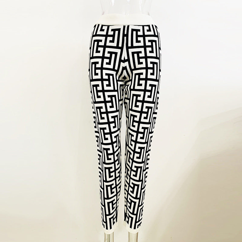 Goods Autumn Winter Stars Personality Maze Graphic Jacquard Knitted Ankle Tight Pants Trousers