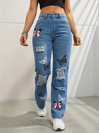 Butterfly Print Ripped Cut-out Denim Straight High Waist Contrast Color Denim Trousers for Women