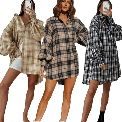 Casual Years Autumn Winter Plaid Lantern Sleeve Long Sleeve Shirt