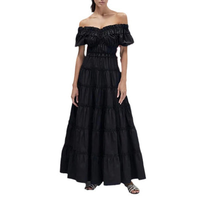 Sexy off Shoulder Summer Ruffled Collar Puff Sleeve Long Wing Dress Women