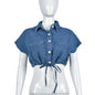 Sexy Denim Polo Collar Top Washed Drawstring Trendy Overalls Sleeveless Vest for Women