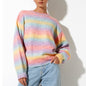 Autumn Winter Rainbow Striped Gradient Color Round Neck Long Sleeve Casual Pullover Sweater Women