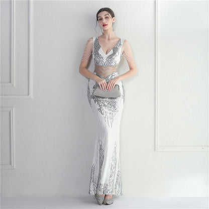 Positioning Floral Heavy Industry Beaded Long Fish Tail Evening Dress Suitable Attending Formal Occasions