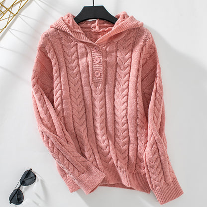 Hooded Pullover Thick Sweater Women Autumn Winter Retro Button Cable Knit Sweater Top Women