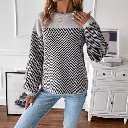 Women Knit Shirt Autumn Winter Color Matching Geometric Abstract Jacquard Pullover round Neck Long Sleeves Sweater for Women