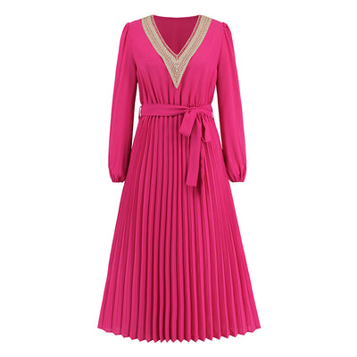 Autumn Winter Women Clothing Fashionable Slim Fit V Neck Lace Pleated Dress Mid Length A Line Dress Popular