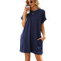 Spring Summer Solid Color round Neck Pocket Loose Short Sleeve Dress