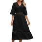 Solid Color V Neck Hollow Out Cutout Lace Stitching Half Sleeves Loose Dress