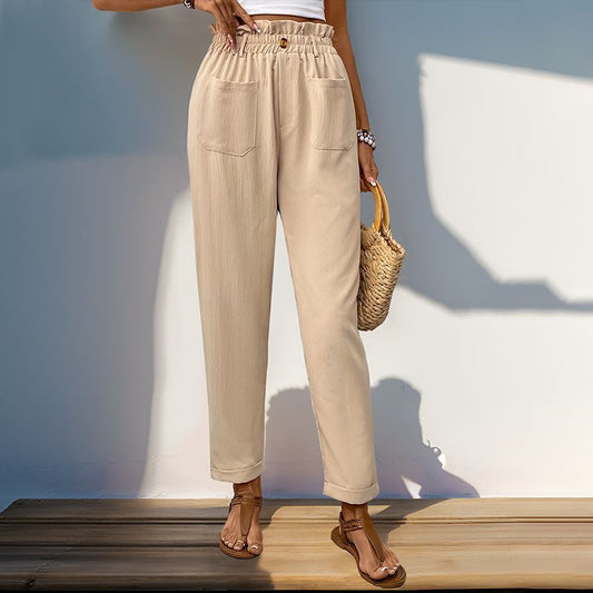 Summer Women High Waist Solid Color Casual Tapered Pants