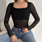 Women Clothing Summer Mesh See through Patchwork Top Square Collar Long Sleeve Base