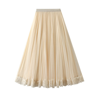 Pleated Skirt Autumn Winter Women Patchwork Lace Skirt Mid Length Two Sided Drape Mesh Large Swing Skirt